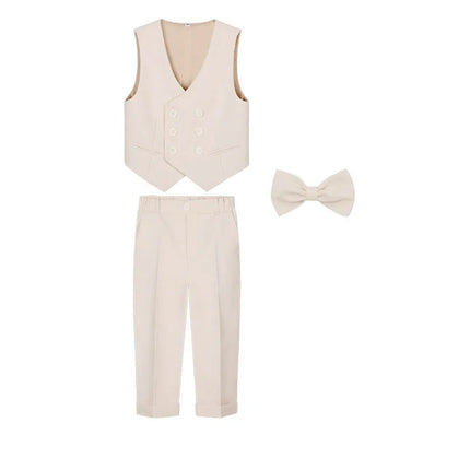 Teenager Kids Beige WaistCoat Shirt Pants Bowtie Tuxedo Dress Boys Vest Suit For Wedding Children Host Photograph Party Costume