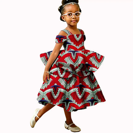 Girls African Kente Print Dress, Kente Ankara Off Shoulder Peplum Dress, Kids Dashiki Attire for Wedding Church