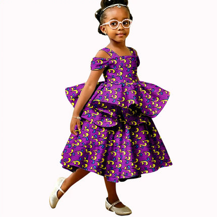 Girls African Kente Print Dress, Kente Ankara Off Shoulder Peplum Dress, Kids Dashiki Attire for Wedding Church
