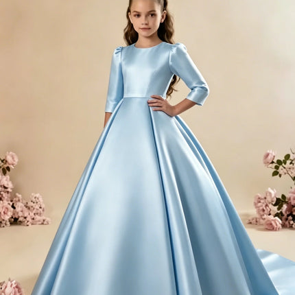 Custom Girls First Communion Dress 2025 New Long Sleeve Matte Satin A-Line Tail Evening Gown Girls Wedding Party Princess Dress