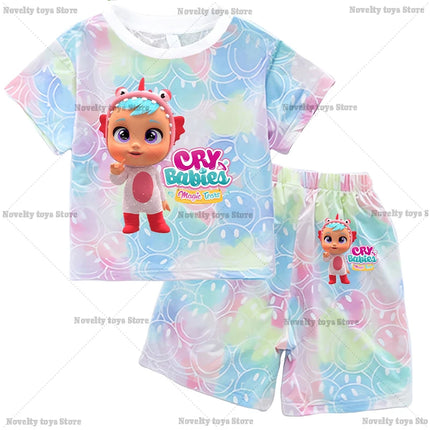 Crying Babies T-shirt Set Children Summer Clothing Girl Cartoon Anime Short Sleeve Sets Leisure Kawaii Clothes Kid Cute Tee Gift