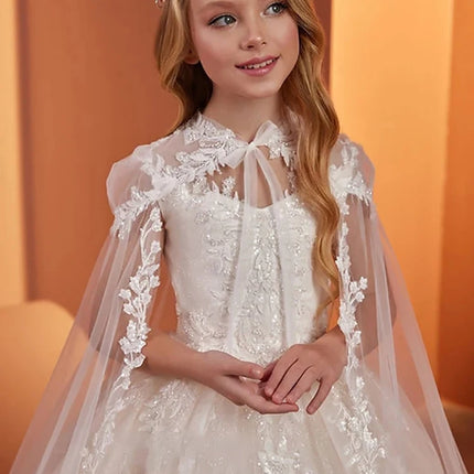 Lace Tulle Flower Girl Dress For Wedding Sleeveless with Cape Puffy Shining Elegant Princess First Communion Birthday Gowns 2024