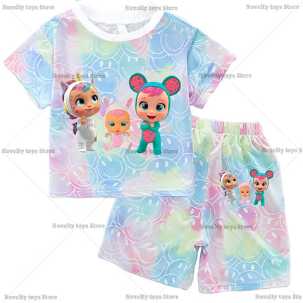 Crying Babies T-shirt Set Children Summer Clothing Girl Cartoon Anime Short Sleeve Sets Leisure Kawaii Clothes Kid Cute Tee Gift