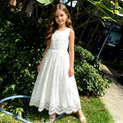 White Lace Flower Girl Dress with Big Bow Elegant Sleeveless A-Line Ball Gowns Formal Communion Wedding Party Dresses
