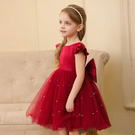 Fashion Red Pink Children's Bow Princess Dress‌ Big Bow Backless Girls Puffy Dress Tulle Flower Girl Dress Wedding Gown