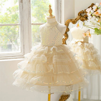 Girl Sequins Ball Gown Mesh Layered Dress Elegant Princess Wedding Childrens Birthday Party Piano Fashion Performance Costume