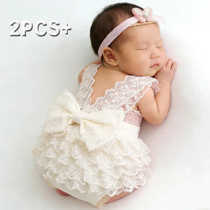 Ylsteed Newborn Photography Lace Romper Set  Photo Shoot Outfits with Bow Headband for Baby Girl Picture Ideas