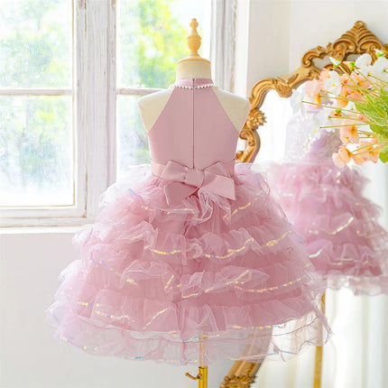 Girl Sequins Ball Gown Mesh Layered Dress Elegant Princess Wedding Childrens Birthday Party Piano Fashion Performance Costume