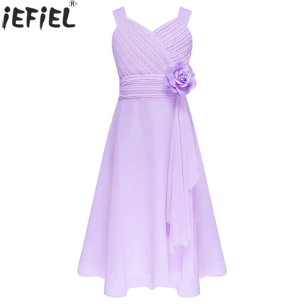 Children Girls Elegant Evening Birthday Party Maxi Dress Sleeveless Ruched Bodice Chiffon Princess Gown Wedding Bridesmaid Dress