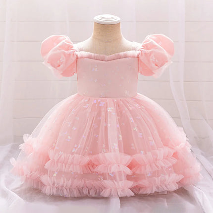 Fluffy Butterfly Sequins Baby Girl Dress Mesh Prom Kids Clothing Toddler 1st Birthday Baptism Gown Flower Bridesmaid Party Dress