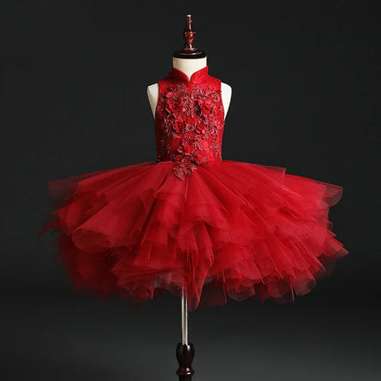Red Flower Girl Dress Princess Pageant Gown Children Wedding Clothing Fashion Evening Party Birthday Performance Formal Outfit