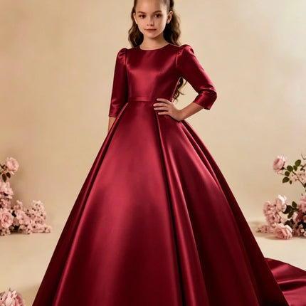 Custom Girls First Communion Dress 2025 New Long Sleeve Matte Satin A-Line Tail Evening Gown Girls Wedding Party Princess Dress
