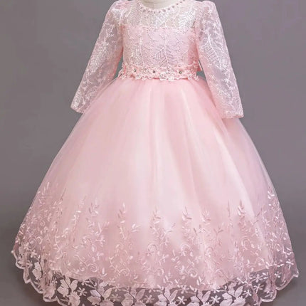 Embroidery Girl Party Dress for Wedding Long Sleeve Children Girls' Red Clothes Kids Elegant Evening Dresses 4-12Y