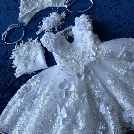 Cute Lace Baptism Christening Gown With Bonnet Outfit Baby Girls White Party Birthday Gown Wedding 3D Flower Girl Dress