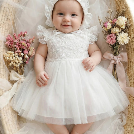 Baby Girl, 0-2 Years Old, White Dress with Lace Trim and Floral Embroidery, Fluffy Net Fabric, for Baptism, with a Hat