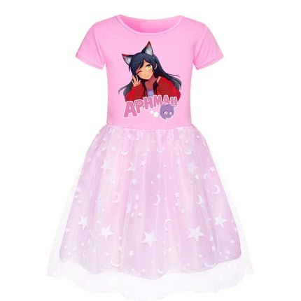 Aphmau Cat Clothes Kids Summer Short Sleeve Dress Baby Girls Magic Mesh Casual Dresses Children Princess Wedding Party Vestidos