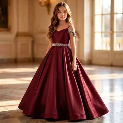White Elegant Satin Child Wedding Party Dresses Long Beaded Off Shoulder Birthday Flower Girl DressFormal Evening Gowns forGirls