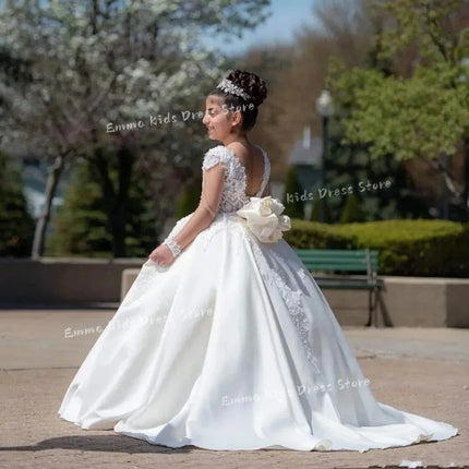 Customized White Flower Girl Dresses for Wedding Satn Appliques Elegant Kids Photo First Communion Bridesmaid  Banquet Ball Gown