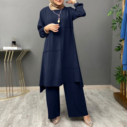 Elegant Sportswear Two-Piece Set | Modest Muslim Athleisure Bubble Sleeve Top & Wide Leg Pants (MS101)