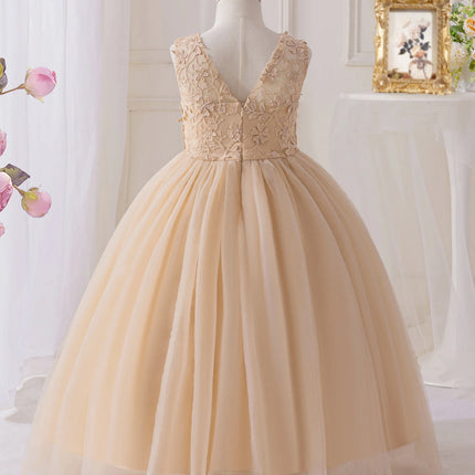 Champagne Colored Princess Dress for Girls Mesh Lace Flower Detail Elegant Wedding Party Children's Dress