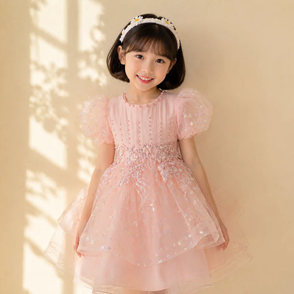 Children's Puff Sleeve Princess Dress Export Flower Girl Printed Short Dress Wedding Dress Girls High-End Tutu Skirt Europe
