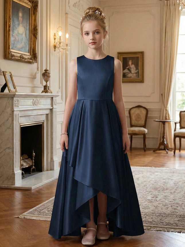 Teen Girl Wedding Party Dress Long Evening Gown Dark Blue High-Class Satin with Irregular Skirt Flare,Formal Occasions,Banquets