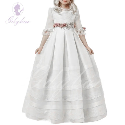 White Simple First Communion Flower Girl Dress Lace Half Sleeves Toddler Birthday Party Princess Beauty Pageant Prom Ball Gowns
