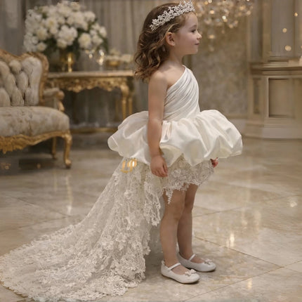 Satin Lace Flower Girl Train Dress OneShoulder Ruched Bubble Puff Skirt Kids Luxury Modest Church Communion Formal Princess Gown