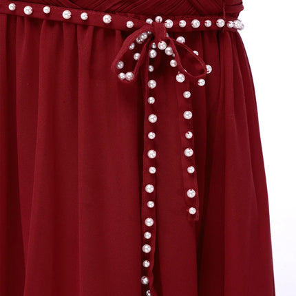 Kids Girls Wedding Bridesmaid Dress Spaghetti Strap Elegant Chiffon Maxi Party Dresses with Faux Pearls Belt for Banquet Pageant