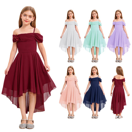 Children Girls Elegant Party Dress Off-shoulder Ruffled Chiffon Hi-low Applique Princess Gown for Birthday Wedding Evening Prom