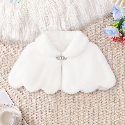 Girls' White Faux Fur Cape for 4-8Y, Kids' Wedding Flower Girl Shrug with Rhinestone Clasp, Winter Party Dress Cover Up