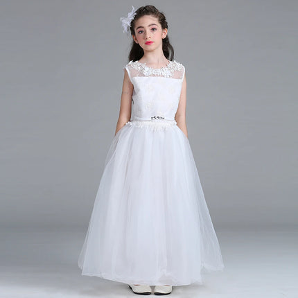 Teen White Lace Bridesmaid Dresses Flower Bow Kids Dress For Girl Ceremony Party Wedding Evening Dress Gown Vestido 10 14 Years