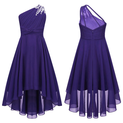 Kids Girls Sequins Ruched Party Birthday Wedding Bridesmaid Dress Sleeveless High-low Hem Summer Chiffon Princess Dress