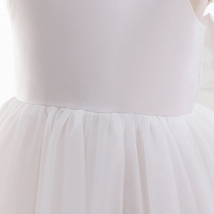 Children Girls Elegant Birthday Tulle Princess Dress Bow Wedding Party Gown For Kids Formal Evening White Pearls Bowknot Vestido