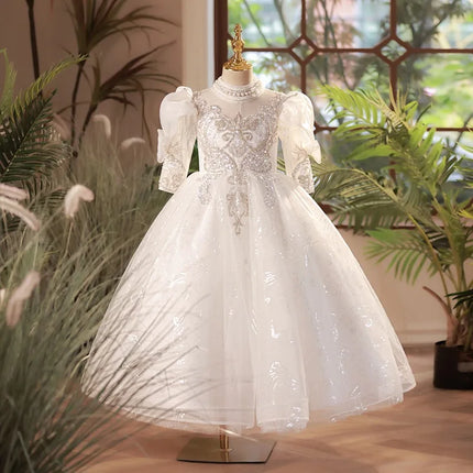New Girls White Flower Girl Wedding Dress Children Middle Gown for Host Performance Pageant Formal Sleeve Puffy Princess Party