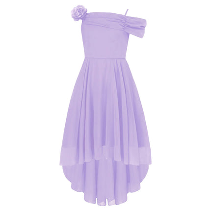 Children Girls Elegant Party Dress Off-shoulder Ruffled Chiffon Hi-low Applique Princess Gown for Birthday Wedding Evening Prom