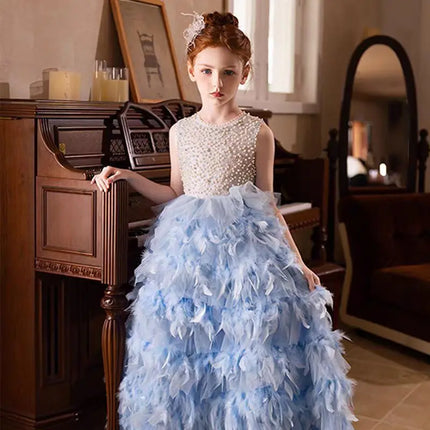 Jill Wish J299 Elegant Blue Feather Flower Girl Dress Pearls Princess Children Wedding Birthday Pageant Party Evening Gown