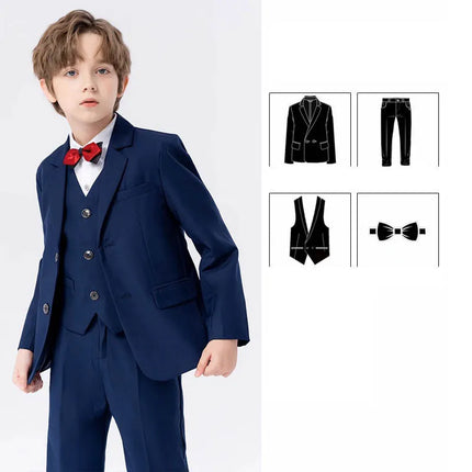Boys Navy Blue Suit For Wedding Teenager Kids Formal Ceremony Tuxedo Dress Children Photograph Blazer Party Performance Costume