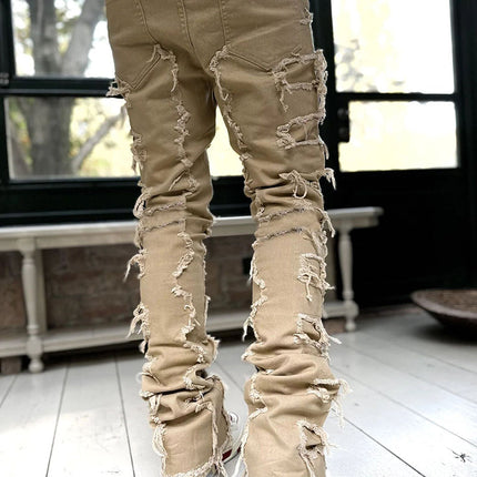 Ins Fringes Ripped Trousers Individual Patched Pants Long Tight Fit Stacked Jeans For Mens Clothing