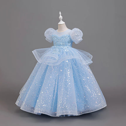 New High-End Luxury Flower Girl Wedding Show Performance Dress for Girls, Puff Sleeve Sequin Princess Dress