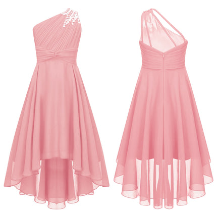 Kids Girls Sequins Ruched Party Birthday Wedding Bridesmaid Dress Sleeveless High-low Hem Summer Chiffon Princess Dress