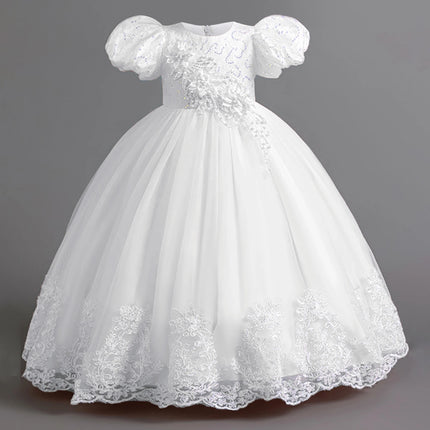 Elegant Bridesmaids Party Girls Dresses Puff Sleeve Tulle Wedding Costume Flower Birthday Princess Dress Girls Baptism Prom Gown
