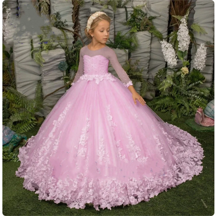 Elegance Flower Girl Dress Three Quartersleeve Appliqué Children Wedding Party Gowns New Kids Clothes Princess First Communion
