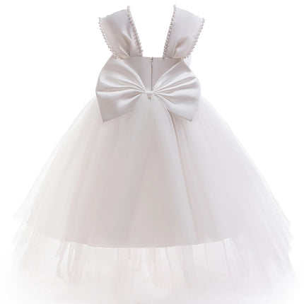 Children Girls Elegant Birthday Tulle Princess Dress Bow Wedding Party Gown For Kids Formal Evening White Pearls Bowknot Vestido