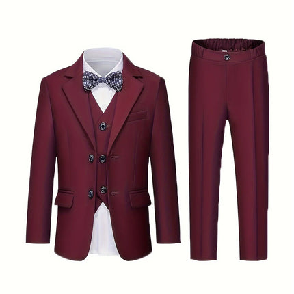 Boys Burgundy Red 4Pieces/Set Jacket Vest Pants Bowtie Photography Suit Kids Wedding Party Dress Children Performance Costome