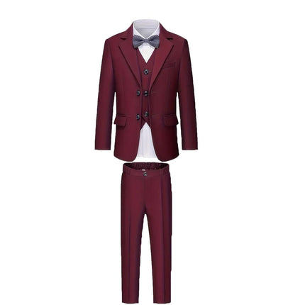 Boys Burgundy Red 4Pieces/Set Jacket Vest Pants Bowtie Photography Suit Kids Wedding Party Dress Children Performance Costome