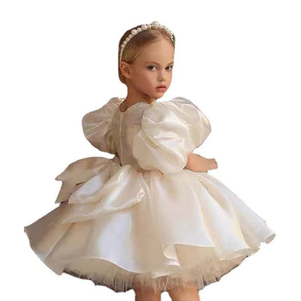 Princess Dress High End Girl Dress White Satin Flower Girl Host Wedding Dress Birthday Little Girl Evening Clothes