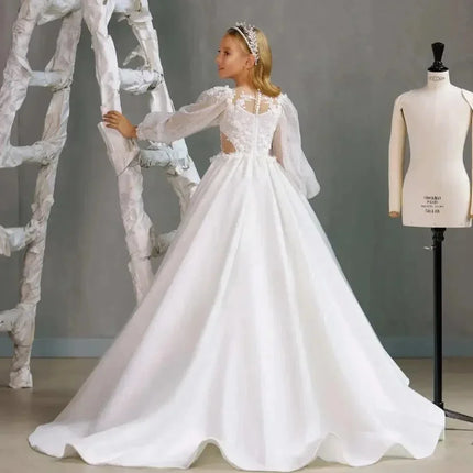Glitter Elegant Satin Flower Girl Dresses for Wedding Long Sleeves Appliques Tulle Kids First Communion Ball Gown Custom