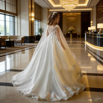 Children's White Satin Cape Princess Dress, Girl's Lace Dress, Wedding Flower Girl, Birthday Party and Grand Ceremony Catwalk