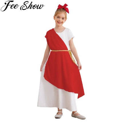 Kids Girls Ancient Greek Toga Costume Halloween Party Roman Goddesses Princess Cosplay Fancy Dress Tulle Church Robe with Belt